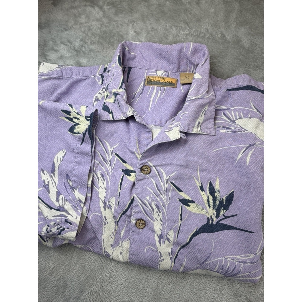 Bobby‎ Chan Shirt Men's Large 10O% Silk Hawaiian Bird of Paradise Print Purple